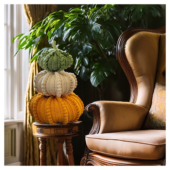 #2954 NEW Handmade Crochet Pumpkin Set - Green, Cream, and Orange - Picture 1 of 12